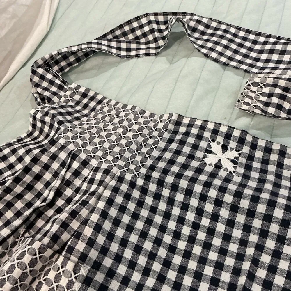 Vintage Handmade Black White Gingham Half Apron Embroidered Pocket 70” Tie